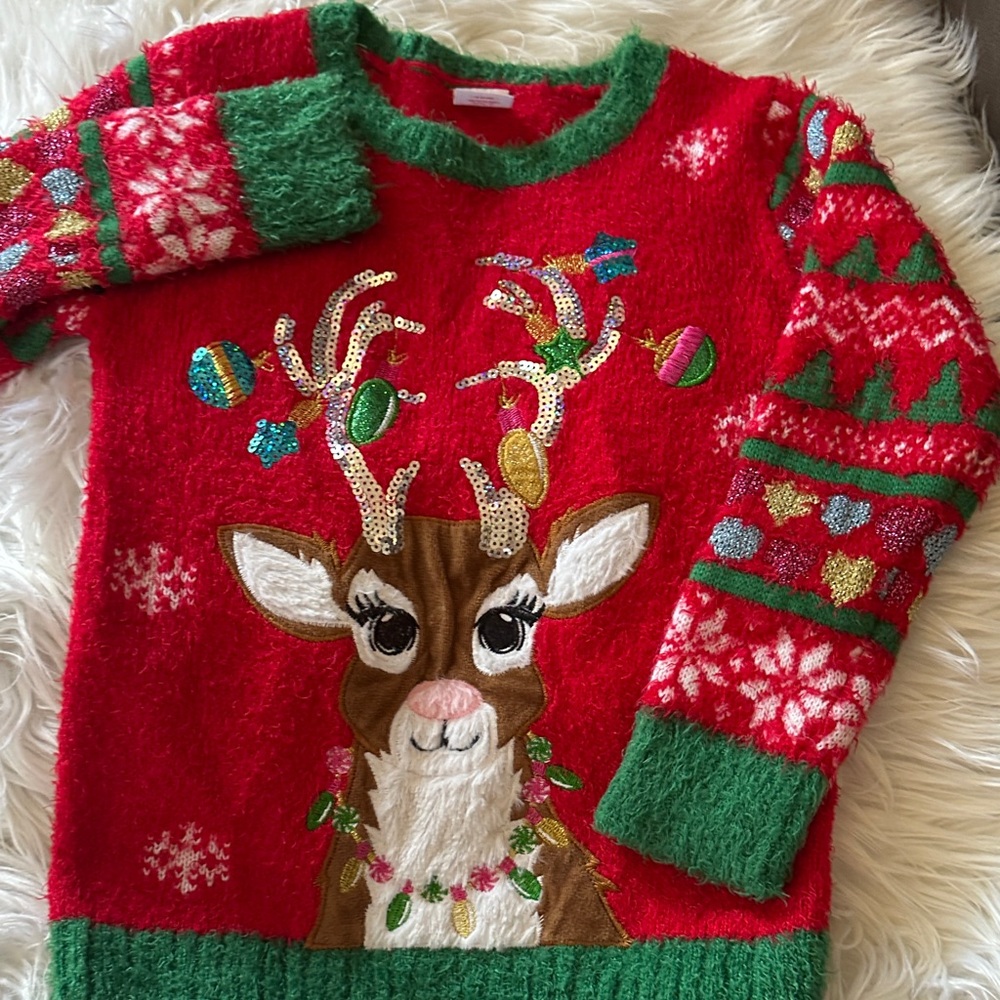Festive Red & Green Reindeer Holiday Sweater